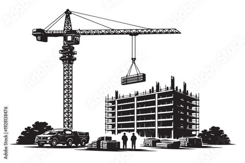 Tower Crane Silhouette Side View, Vector Illustration, Isolated on White Background
