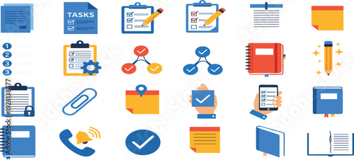 Task management and checklist icon set with clipboard, notes, approval and productivity symbols, modern flat vector collection for office and business workflow design