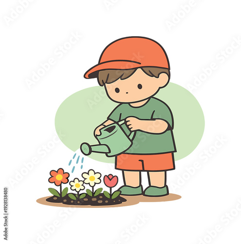 Calm child waters garden flowers, posture steady as the can pauses and soil absorbs water quietly | watering garden flowers, flat