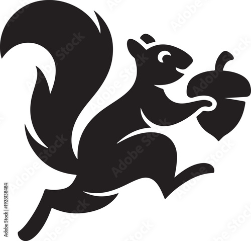 Playful Squirrel Holding Acorn in Minimalist Black Silhouette