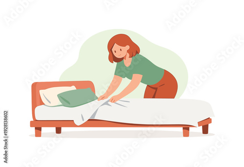 Morning Bedtime Routine. Warm person smooths sheets over a mattress, tucking corners while pillows wait nearby on a simple bed