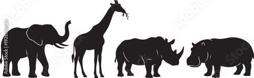 Large Wildlife Silhouette Set with Elephant, Giraffe, Rhino and Hippo