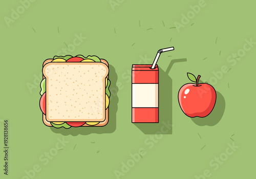 Delicious Sandwich Juice Box and Fresh Apple on Green Background Ready for Lunch Mealtime