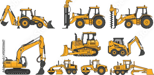 Construction heavy machinery vector set with excavator, bulldozer, loader, and road equipment for engineering and building design