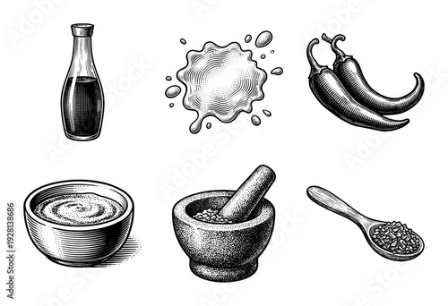 Vintage engraving style collection of kitchen spices and condiments featuring chili peppers, mortar and pestle, sauce bottle, and seasoning bowls.