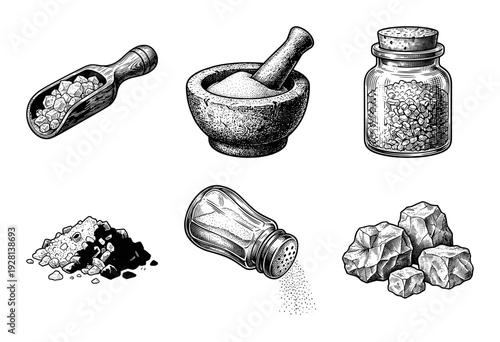 Set of vintage salt and mineral illustrations featuring mortar, pestle, scoop, jar, and shaker in a detailed black and white woodcut engraving style