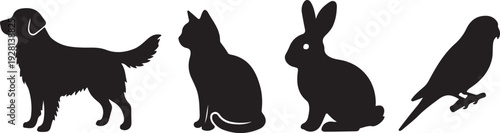 Mixed Pet Silhouette Set Including Dog, Cat, Rabbit and Bird