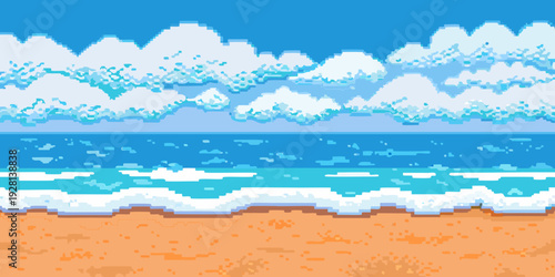 Pixelated seascape displaying a sandy beach ocean waves and blue sky