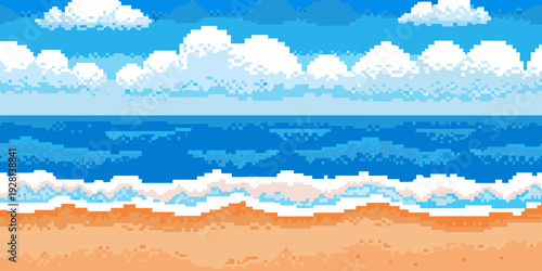 Pixelated seascape displays a bright blue sky white clouds and ocean waves