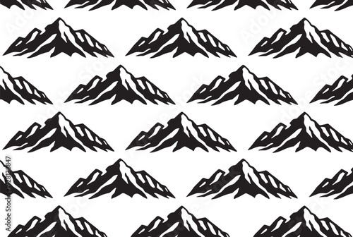 Black and white mountain silhouette pattern with snow‑capped peaks arranged in grid design, symbolizing nature, landscape, adventure, travel, and outdoor illustration artwork.