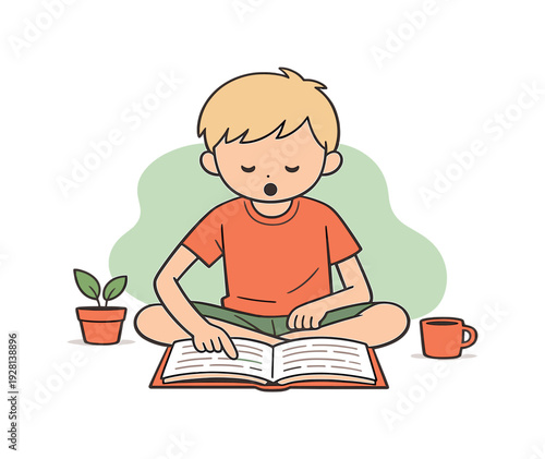 Light child practices reading aloud with an open book, lips moving softly, finger following lines, voice steady. today inside