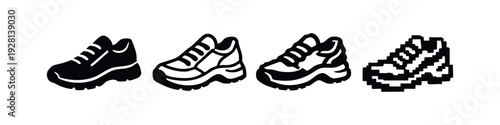 Versatile Sneaker Icons in Multiple Styles: Solid, Outline, and Pixel Art