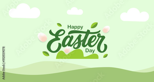 Happy Easter Day Greeting Typography with Eggs and Leaves on Green Landscape