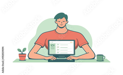 Inside person checks email calmly at a desk, screen glowing softly, hands resting near keyboard, breath steady, notifications