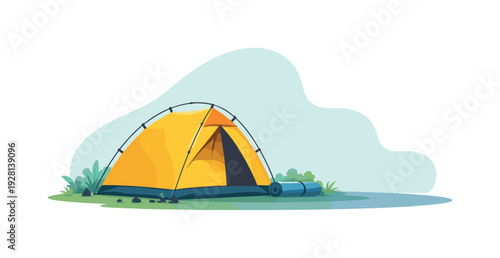 Bright yellow camping tent set up on green grass with a rolled sleeping mat nearby
