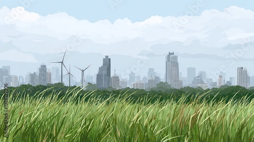 Digital art depicts a cityscape with windmills, tall buildings, and green field under a cloudy sky