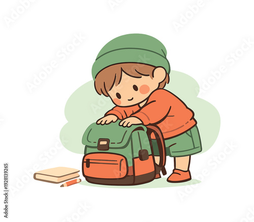 Warm child packs a school bag, weight shifting as the bag fills and hands smooth the top flap | child school bag, flat vector /