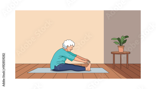 Elderly woman stretching on yoga mat in serene home environment