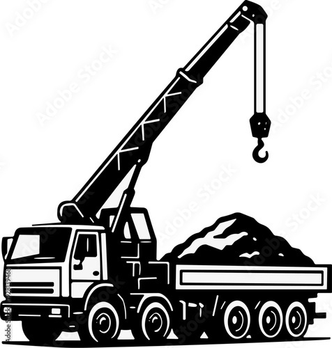 Crane Truck Construction Heavy Machinery Silhouette Vector in Solid Black isolated on a White Background