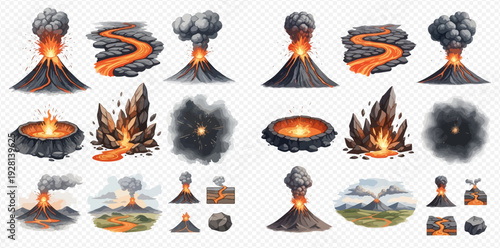 Collection of various volcano eruptions and lava flows on a transparent background.