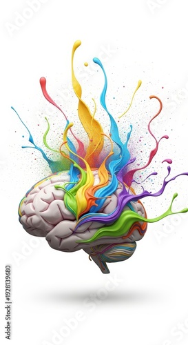 Human Brain with Colorful Paint Explosion Creativity.