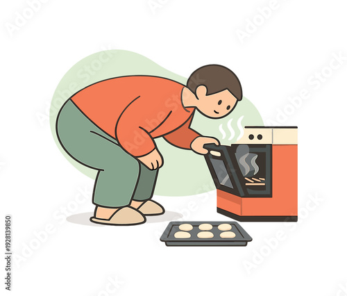 Warm person bends to check an oven, opening the door slightly as warm air escapes and a tray waits inside on the floor nearby. up