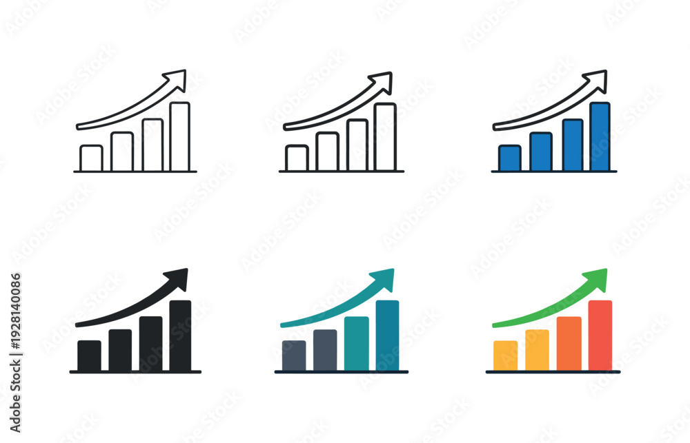 Fototapeta premium Market growth icon showing ascending bar charts with a rising arrow, representing economic expansion, financial trends, and