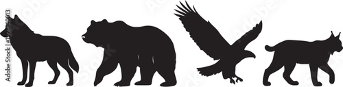 Mountain Predator Silhouette Set Including Wolf, Bear, Eagle and Lynx