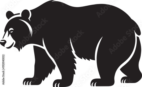 Black and white silhouette illustration of bear walking in side profile, stylized wildlife design concept emphasizing strength, nature, wilderness, and stock imagery use.