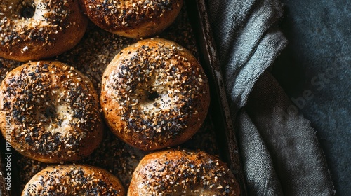 Wallpaper Mural Fresh everything bagels with golden crust and mixed seeds on rustic baking tray beside folded linen towel against dark stone background, cozy homemade breakfast concept Torontodigital.ca