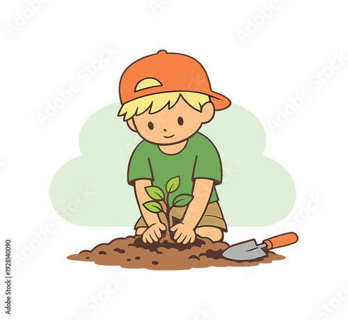 Sunny child plants a small tree sapling in soil, hands steady around roots, shovel resting nearby, earth slightly mounded. |