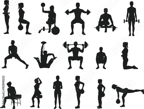 Silhouettes of men and women performing weightlifting and fitness exercises bodybuilding