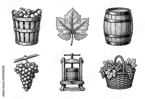 Vintage engraving collection of winemaking and fruit harvest elements including grapes, wooden barrels, cider press, and wicker baskets in a classic woodcut style.