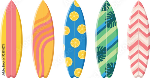 Colorful surfboard vector collection with tropical patterns for summer beach, surfing, and ocean sports design