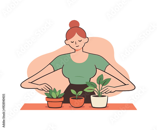 Inside person arranges desk plants thoughtfully, arms reaching forward, leaves turned toward light, posture relaxed. | desk