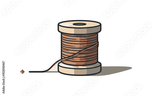 A single spool of brown thread with a loose end and a small diamond shape on a plain background