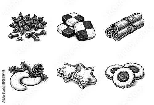 Vintage engraving collection of Christmas cookies and spices featuring star anise, cinnamon sticks, gingerbread stars, and checkered shortbread biscuits.
