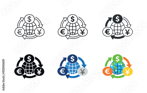 Financial exchange process symbol illustrating international money units linked by rotating arrows and a minimal world element