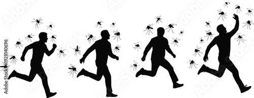 Silhouette of men running away from swarm of mosquitoes, pest control concept, insect bite prevention, malaria and zika virus awareness