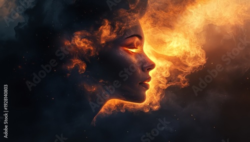 A beautiful woman made of swirling smoke and fire, floating in space. She has an ethereal face with glowing eyes. The background is dark and cloudy. There's an orange light coming from her mouth