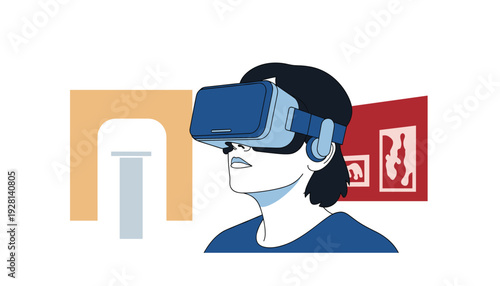 Person experiencing virtual reality with modern VR headset in futuristic setting