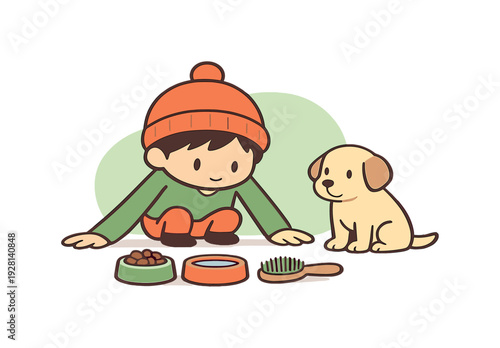Cozy child learns pet care by observing feeding bowls and brushes, listening closely while a calm pet waits nearby today gently.
