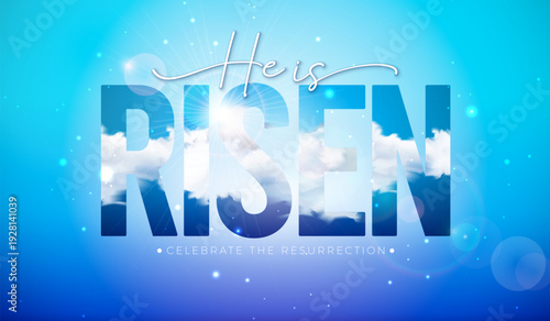 Easter Holiday Banner Illustration with Cloud on Sunny Sky Background. He is Risen. Vector Christian Religious Design for Resurrection Celebrate Church Theme Template for Poster, Invitation or