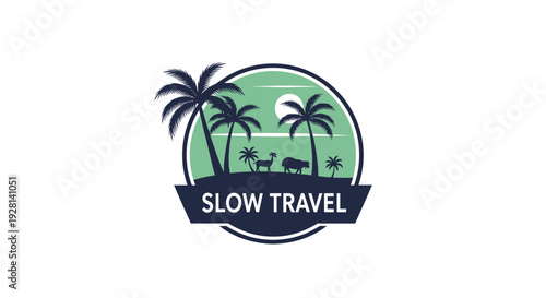 Slow Travel Logo with Palm Trees and Wildlife Silhouettes.