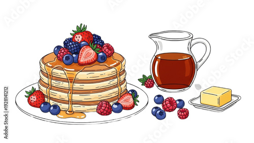High-quality black outline colorful illustration of breakfast pancakes topped with berries and syrup, flat lay advertising composition
