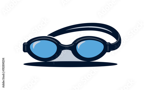 Close-up of blue swimming goggles with a black strap on a light gray background