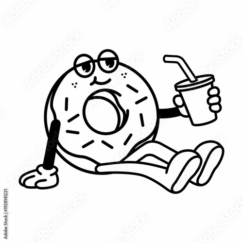 cartoon donut relaxing with drink