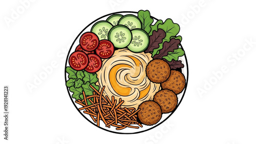 High-quality black outline colorful illustration of vegan bowl with hummus, falafel and fresh vegetables, social media ready composition