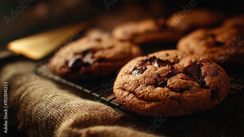 Wallpaper Mural Warm chunky chocolate chip cookies cooling on black wire rack over rustic burlap cloth in soft moody kitchen light, cozy homemade dessert comfort concept Torontodigital.ca