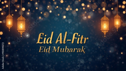 Festive eid al fitr mubarak greeting with illuminated lanterns and sparkling bokeh